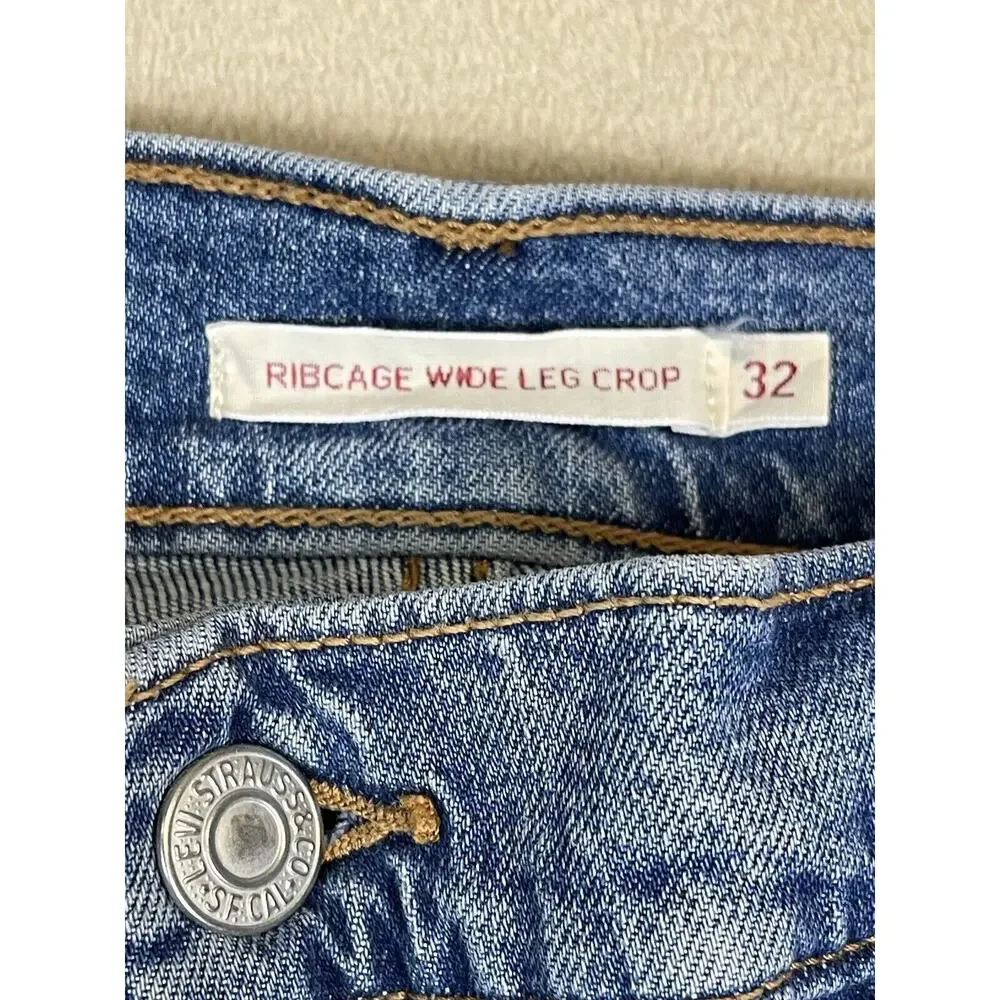 Levis Jeans Womens 32 Blue Premium‎ Ribcage Wide Leg Crop Denim Adult NWT